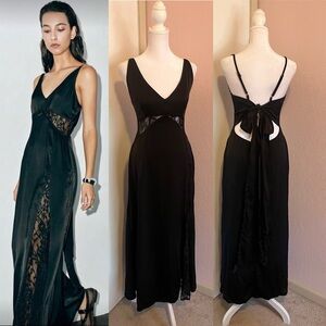 Black Backless Tie Lace Cut-Out Silky Slip Dress